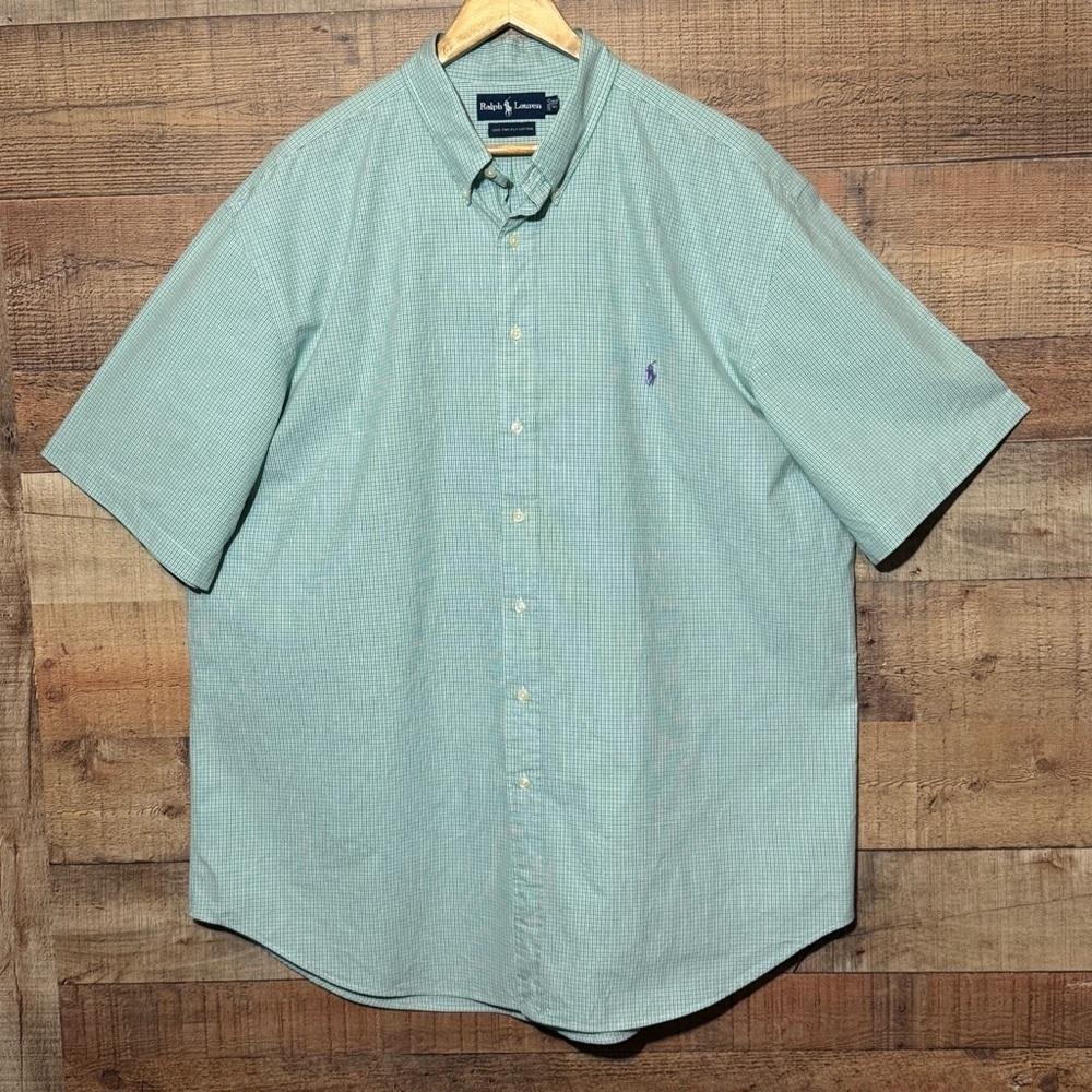 Ralph Lauren Green White Blue Two-Ply Cotton Button Down Men's 2XLT Shirt S/S